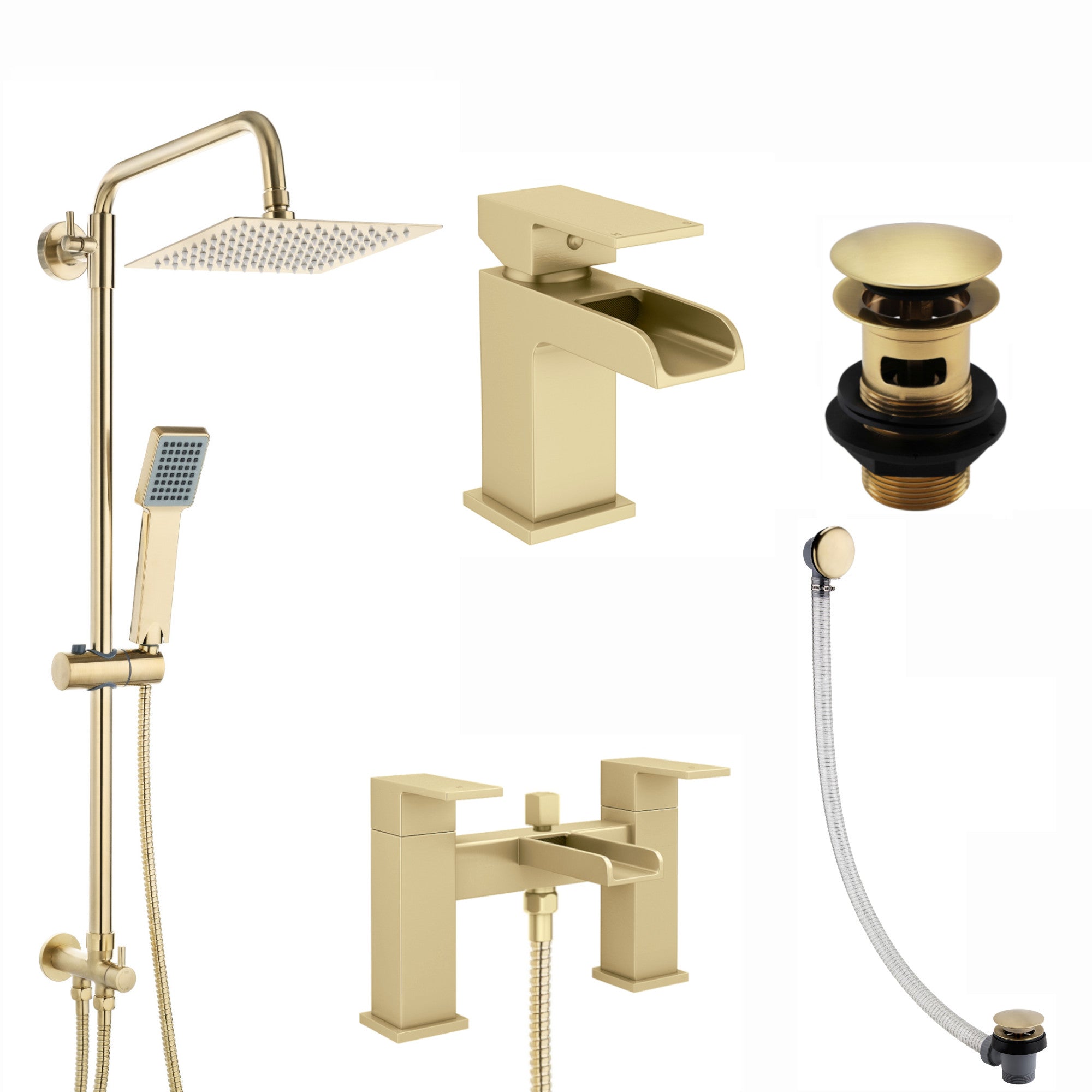 Plaza bundle incl. bath shower mixer tap with dual riser rail, basin mixer, bath and basin wastes - brushed brass